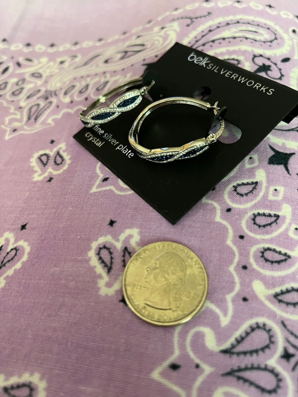 Silver Hoop Earrings with Blue Crystal Inlay